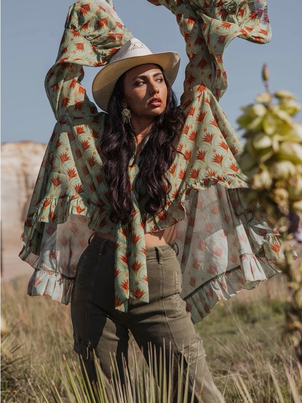Boho Sage Floral Tie-Neck Sheer Blouse